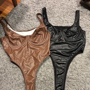 Black And Brown Mock Leather Bodysuits